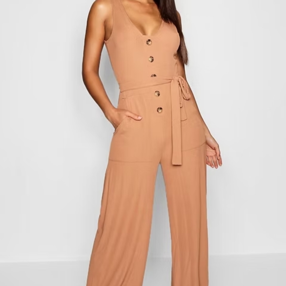 Boohoo Camel Sleeveless Button Jumpsuit